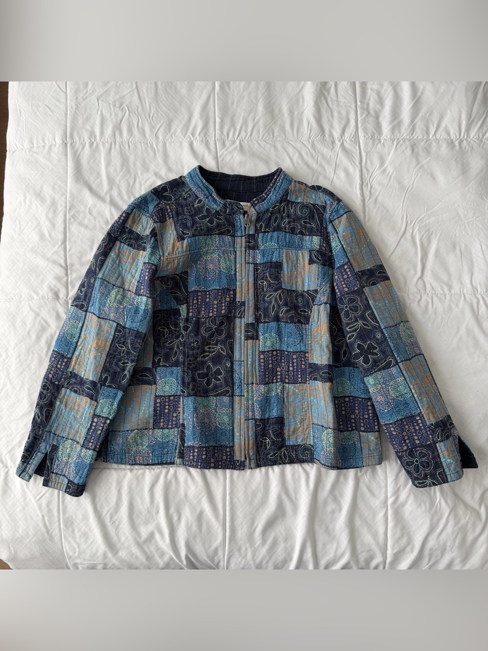 Vintage Christopher & Banks Quilted Patchwork Zip Jacket Petite L Blue 90s Y2K